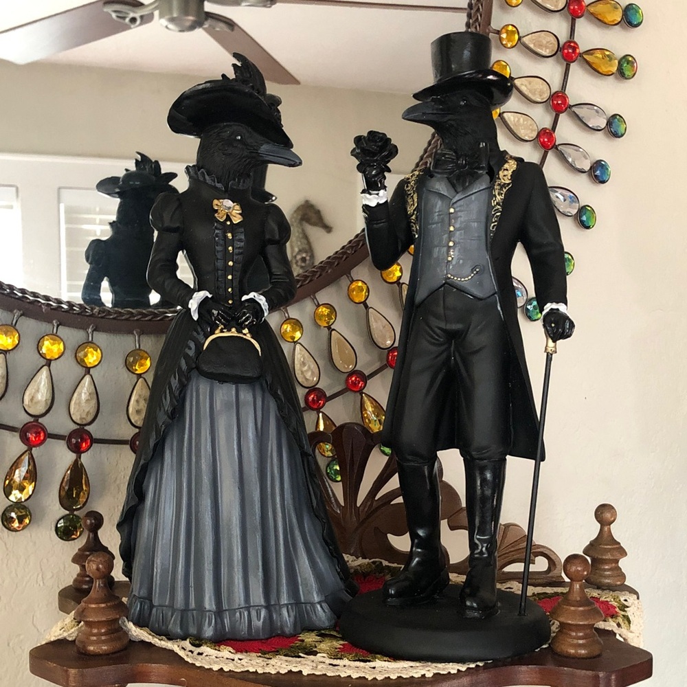 NEW Victorian Gothic Raven Man & Woman Figurines w/Gold Accents